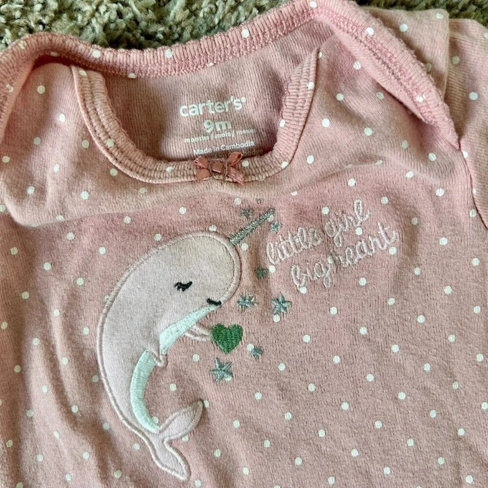 Carters Baby Girls 3 Pack Bodysuits I 9M I Pink Narwhal‎ Heart Sweet Girl